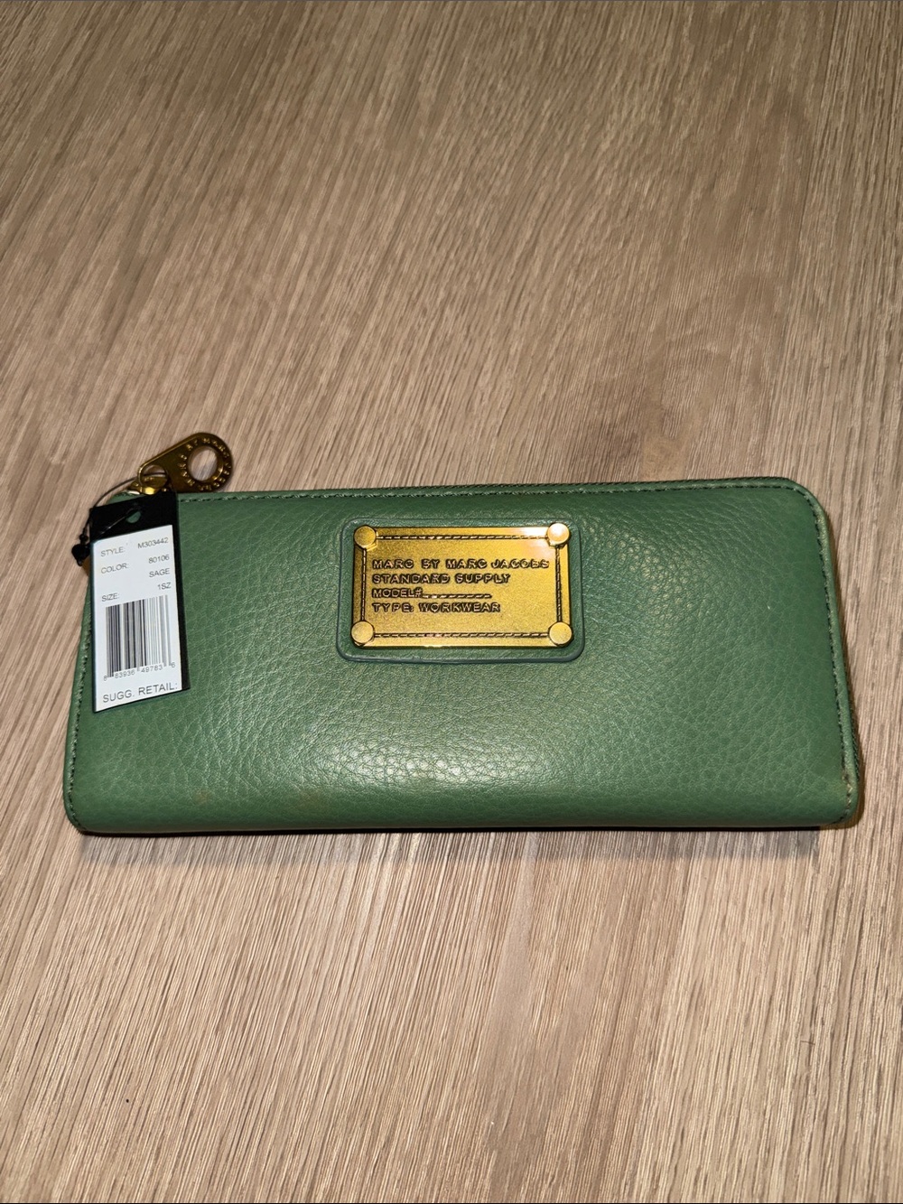 Marc by Marc Jacobs Sage Green Leather Zip Wallet with Gold Hardware